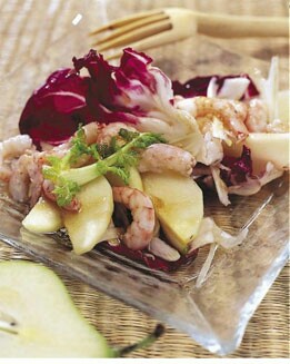 ENSALADA DE GAMBAS, PERAS Y ACHICORIA