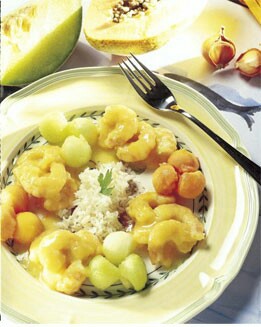 LANGOSTINOS AL CURRY CON MELÓN Y PAPAYA