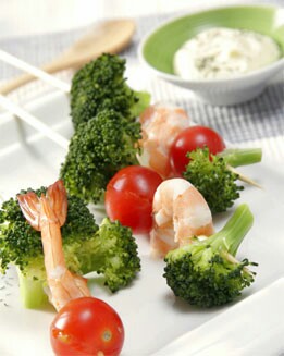 BROCHETAS DE BRÉCOL Y LANGOSTINOS