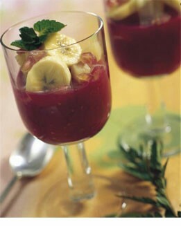 FRUTAS TROPICALES EN SALSA DE FRAMBUESAS