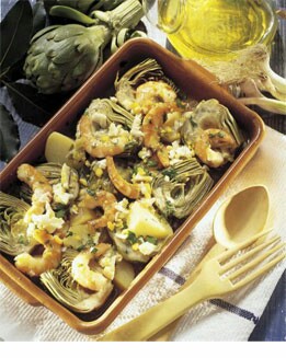 CAZUELITA DE ALCACHOFAS CON GAMBAS