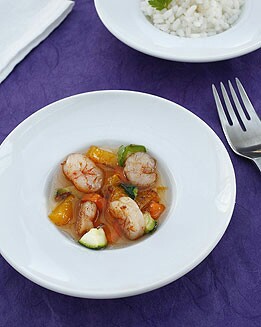 GAMBAS CON PIMIENTOS Y MANGO