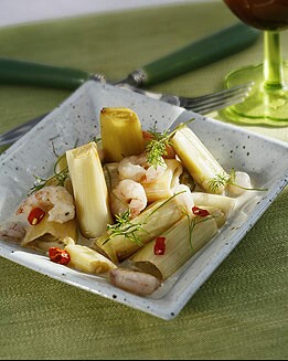 PUERROS ASADOS CON GAMBAS