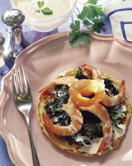 BLINIS CON LANGOSTINOS Y ESPINACAS